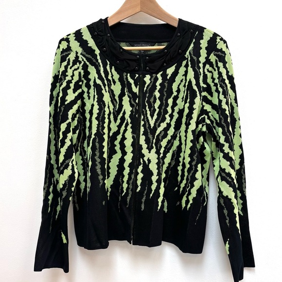Ming Wang Open Front Cardigan Sweater Abstract Zebra Print Lime Green Black PXL - Picture 3 of 12